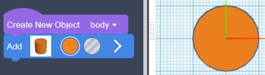 On the left is the code: Create New Object body; Add Cylinder. On the right is the output, 